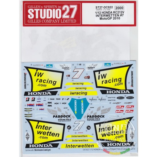 1/12 Honda RC212V "Interwetten" #7 MotoGp 2010 Decals for Tamiya kit #14106