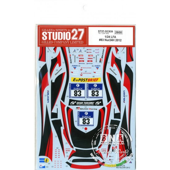 1/24 Lexus LFA #83 Nur24H (2012) Decals for Tamiya #24319 kit