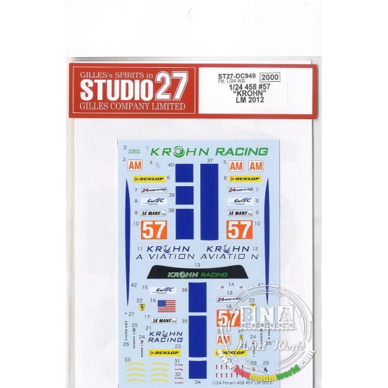 1/24 Ferrari 458 "KROHN Racing #57 Le Mans (LM) 2012 Decals for Fujimi #123912 kit