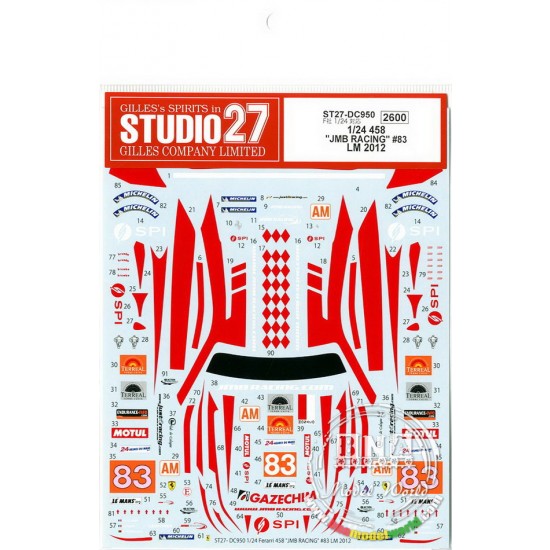 1/24 Ferrari 458 "JMB Racing" #83 Le Mans (LM) 2012 Decals for Fujimi #123912 kit