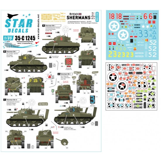 Decals for 1/35 British Shermans. 75th D-Day. Sherman Mk I / Mk I Hybrid / Mk III.