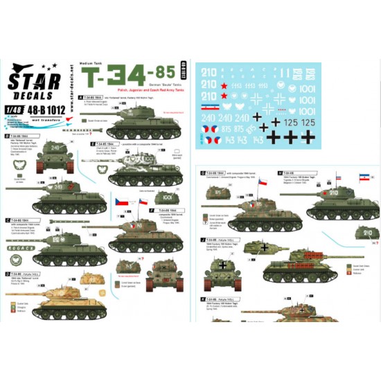 Decals for 1/48 T-34-85 German Beute Tanks, Polish, Jugoslav and Czech Red Army Tanks