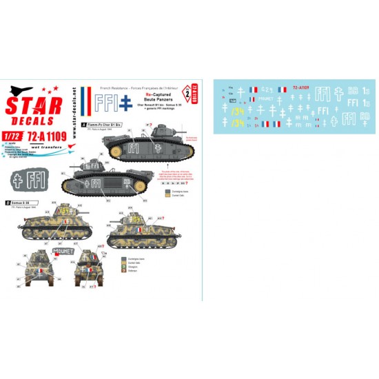 Decal for 1/72 FFI #2 Re-captured Beute Panzers - Char Renault B1 bis, Somua S 35