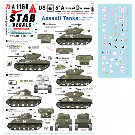 1/72 US Assault Tanks. M4 105mm, M4A3E2 Jumbo, 6th Armoured Division #2 Decal