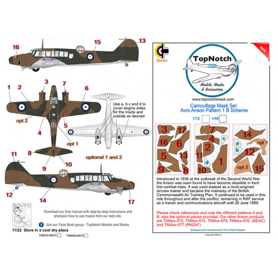 1/48 Avro Anson Pattern B Scheme 1 Camo Masks