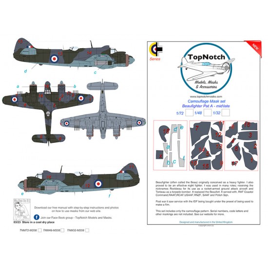 1/48 Beaufighter Mid/Late Pattern A Camo Masks