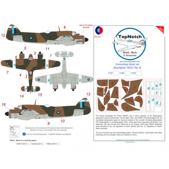 1/32 Australian RAAF Beaufighter SEAC Pat. B Camo Masks TopNotch 32-M213